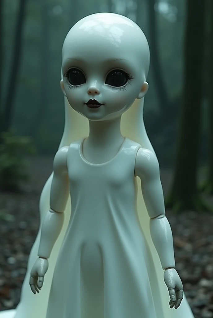 Liquid white slime takes control of a wooden doll to become a woman.