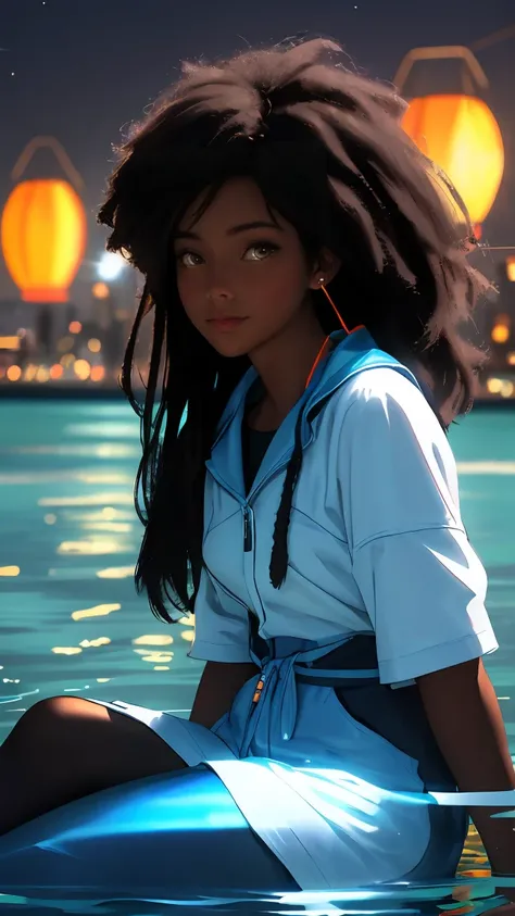 Pretty woman with dark skin sitting on a hillside,(((sitting by water))), soft should length hair, ebony nose and dark brown eyes, african american, wearing black gloves, she is calm in a playful scenery, blue lanterns floating in the water nearby, illumin...