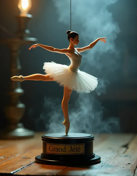 An action figure of a ballet dancer in white tutu doing a split in the air. A thin and invisible metal support holds the ballerina. The action figure is resting on a black plastic pedestal on a wooden table. (On the pedestal there is the inscription: "Gran...