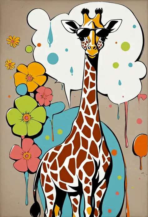 Giraffe in light brown white with sunglasses, pop art, graffiti 