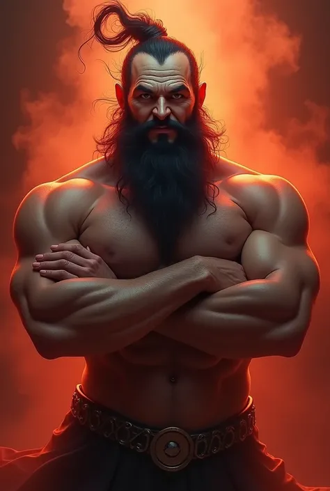 a genie emerging from his magic lamp with a pointy, long beard, very dark hair , with a slightly evil look and a smile, arms crossed and his hues are reddish orange and red