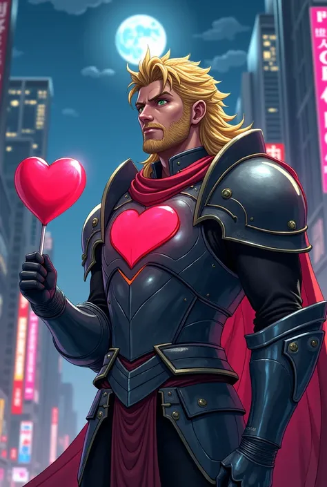 A man with armor, a cloth in the middle of the armor with a heart on that cloth, holding a lollipop. His hair was blonde and his eyes were green. He was in a city at night that looked like Tokyo. 