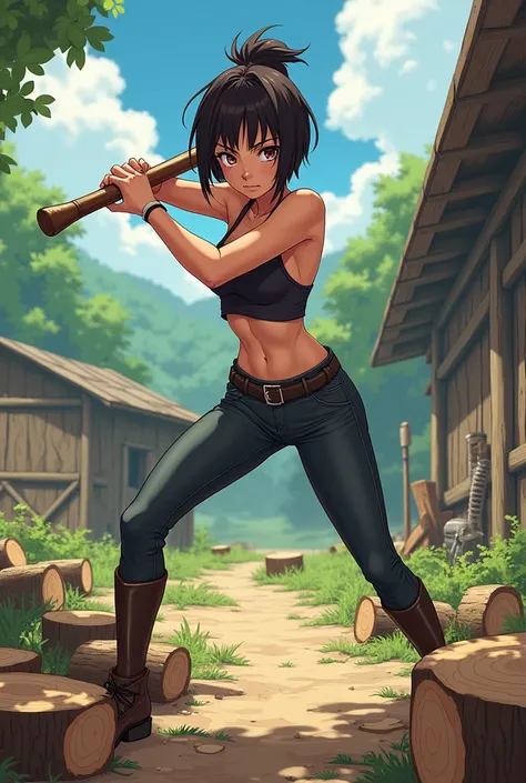 Teenage girl in tight clothes looking at the camera while the camera captures a scene that she is with an ax chopping wood on the farm in anime style