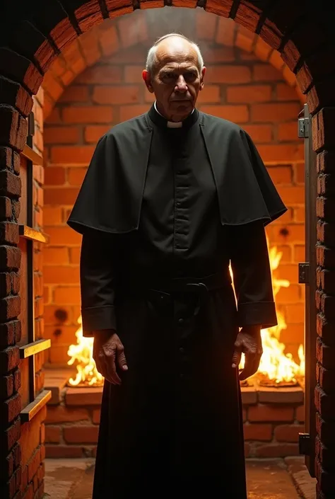 Father John Paul inside a pizza oven 