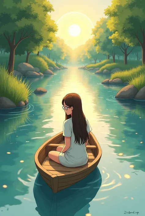 Visual Description:
Girl with glasses and long brown hair. shes in a small wooden boat sailing. Includes elements a flowing river. Add an abstract representation of divine grace, Perhaps a soft glow or warm light enveloping the scene. can be manga style or...