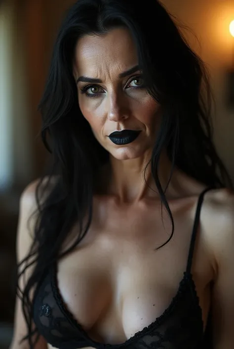 Female dominatrix aged 60, thin very white wrinkles, full body pose for selfie on Instagram, NUDE, smiling showing teeth, heavy makeup with long black hair and black eyes looking at the camera, detailed photo, realistic lighting, top quality real skin: 1.4...