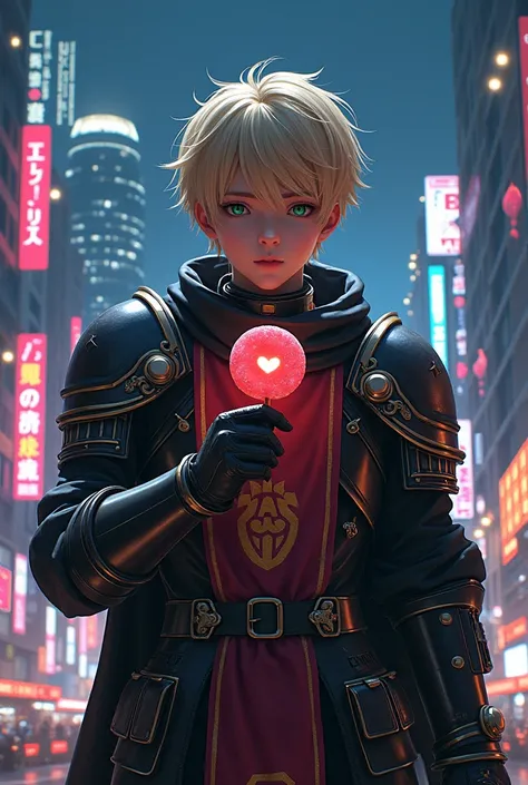 A Man with armor and a cloth in the middle of the armor with a heart on that cloth holding a lollipop. His hair was blond and his eyes were green. He was in a city at night that looked like Tokyo. He appeared to be 15 years old.