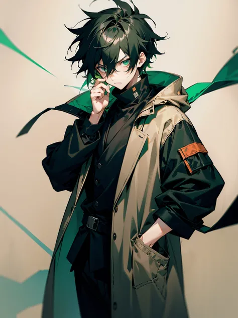 1male, black and green hair, two toned hair, messy hair, tied to the back, beige overcoat, black sweatshirt, techwear pants, lazy expression, serious expression