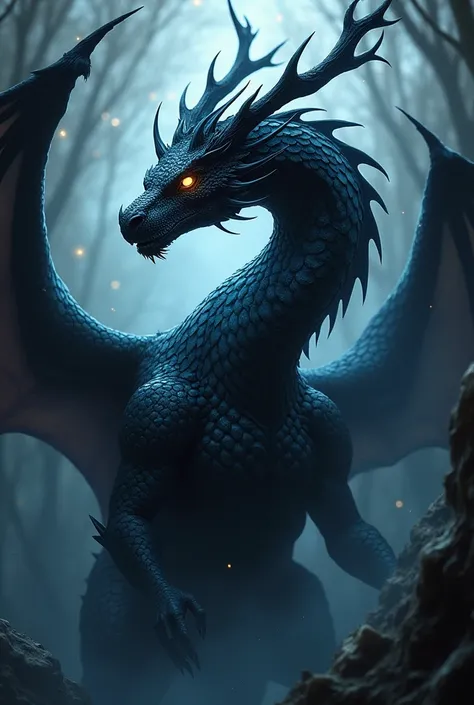 Black and indigo dragon with antlers surrounded by shadows