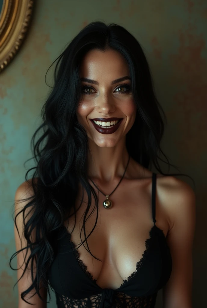 Female dominatrix aged 60, thin very white wrinkles, fully body pose, smiling showing teeth, heavy makeup with long black hair and black eyes looking at the camera, detailed photo, realistic lighting, top quality real skin: 1.4, Enhanced cinematic lighting...