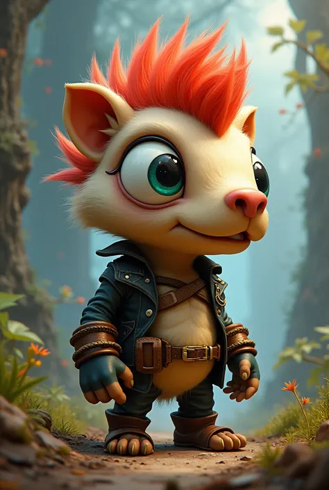 Gnome crossbreeding with a punk mohawk capybara with a bulging eye like Woody Woodpeckers 