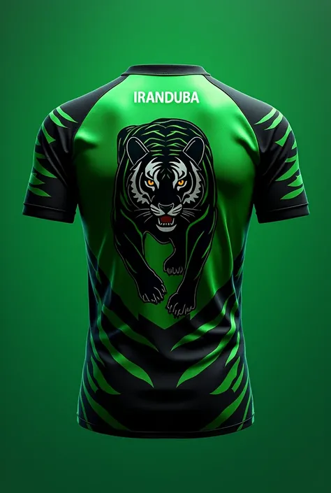 Make me a black and green team shirt with a tiger on the back and the players name on top with the Iranduba symbol on the front.