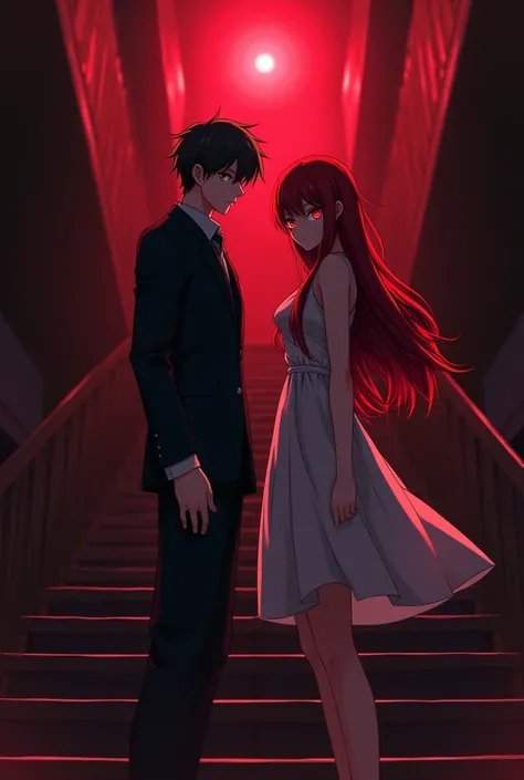 Anime couple dark red hair shining red eyes stairs at us