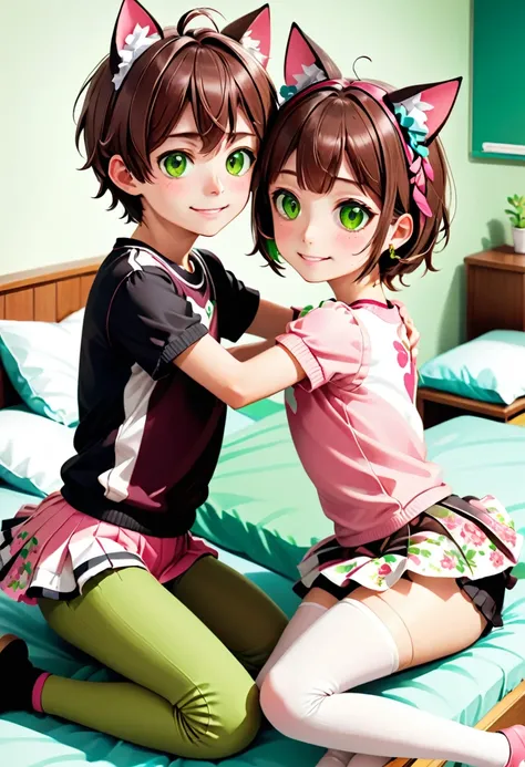 (1 man, 1 catgirl) (hetero, couple) (crossdressing, fully clothed) (brown hair, green eyes) (portrait) (women's clothes only) (w...