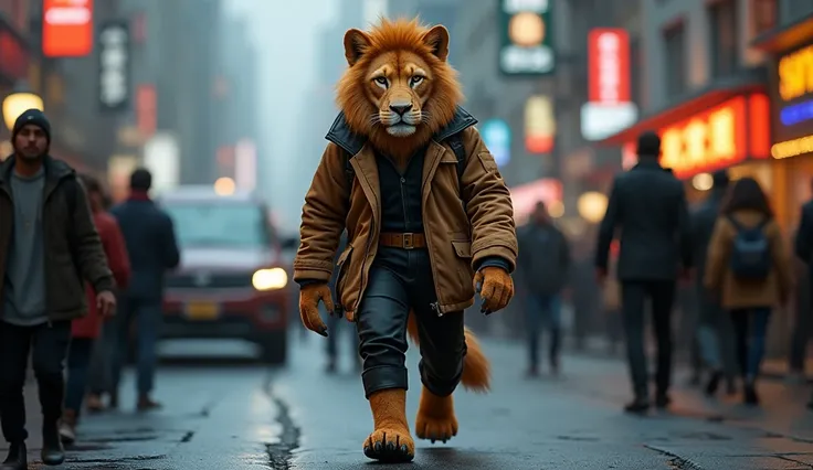 Create a realistic lion dog with perfect details walking like a human, its hands are ultra-realistic dog paws in 8k. Its a model wearing fashionable clothes in a night environment filled with humans and cars.