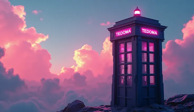 Image generated of a telephone booth with a sky background, Promotional Art BBC, by Wayne England, futuristic telephone booth, positioned on the right side, Written on top of the booth TEDOMA, cyberpunk, 3840x2160, 3840 x 2160, por Derek Hill, Dr. Quem, po...