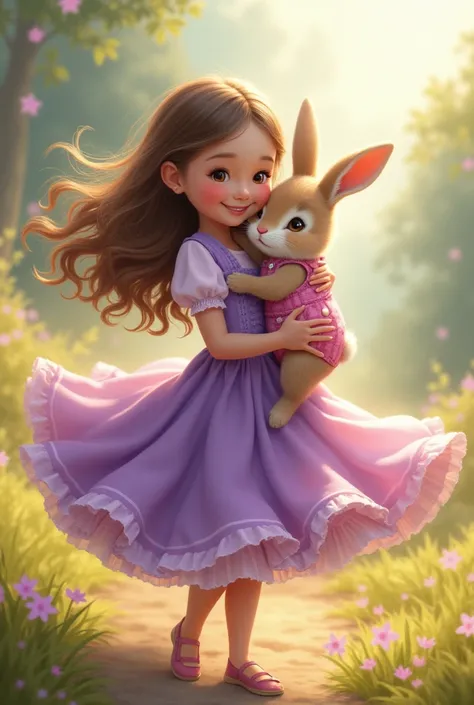 one  (13 year old child) wearing a purple, twirling dress, hugging a rabbit wearing pink overalls 


