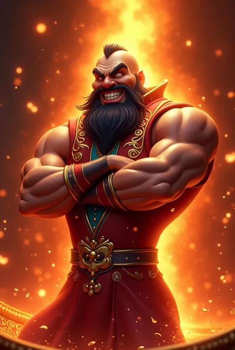 a genie coming out of a golden magic lamp , He has a pointy, long beard, very dark hair , with a slightly evil look and a smile, arms crossed and his hues are reddish orange and red, He wears a genius vest, 3D cartoon style