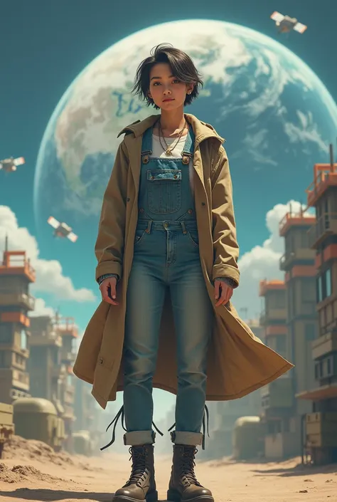 ((Best Quality)), ((masterpiece)), (detailed), (original), (realist), Short hair girl, backwards, whole body, jeans pants with straps, jumpsuit, long coat over dress, Boots, survivor, over the moon, military base, earth planet background, background satell...