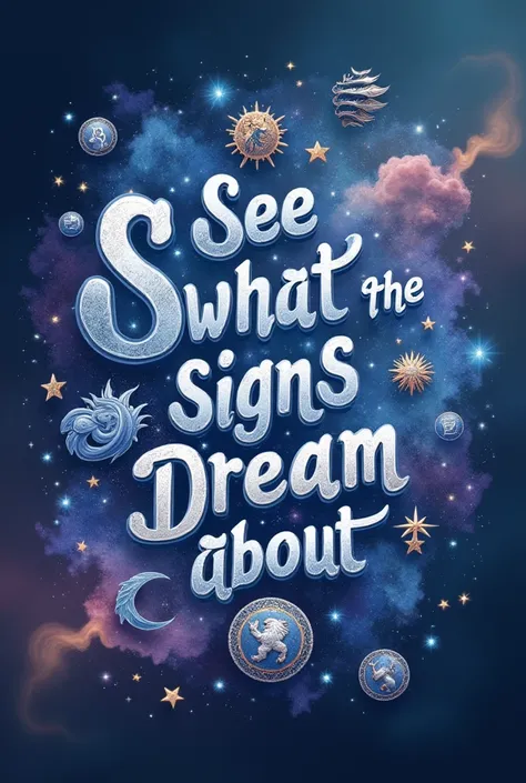 
1. **Phrase Text**: Write the sentence "See what the signs dream about" with a typography that refers to the cosmos, like fonts with stars or glow effects. The text color can be a combination of light blue and silver, to contrast with the background and h...