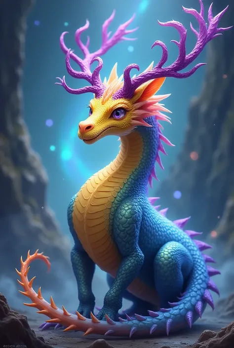 Yellow, ice blue, and purple dragon with antlers