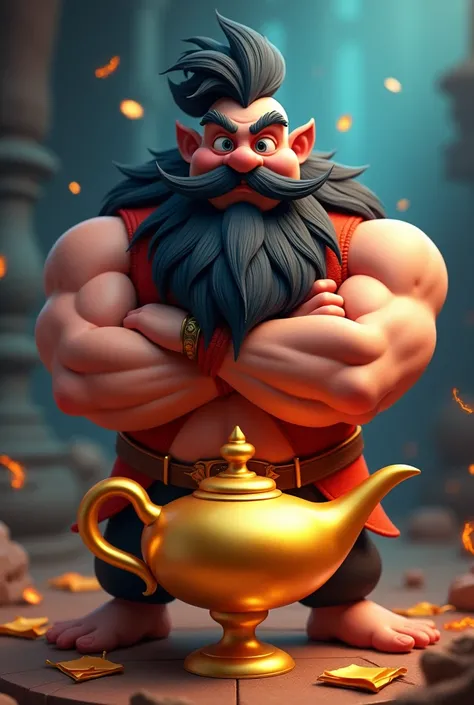 a genie coming out of a golden magic lamp , He has a pointy, long beard, very dark hair , with a slightly evil look and a smile, arms crossed and his hues are reddish orange and red, He wears a genius vest, 3D cartoon style