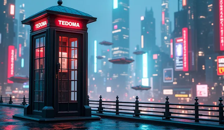 image generated of a phone booth with a futuristic city in the background, Promotional Art BBC, by Wayne England, futuristic telephone booth, positioned on the right side, Written on top of the booth TEDOMA, cyberpunk, 3840x2160, 3840 x 2160