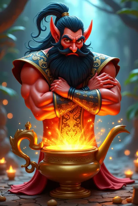 a genie coming out of a golden magic lamp , He has a pointy, long beard, very dark hair , with a slightly evil look and a smile, arms crossed and his hues are reddish orange and red, He wears a genius vest, 3D cartoon style