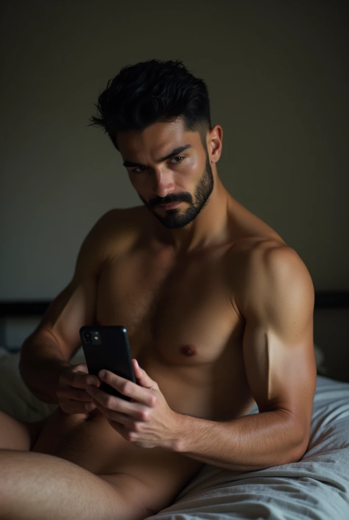 Naked private body of a black-haired, black-bearded, shaved, muscular man lying on the bed, taking selfie from the phone screen