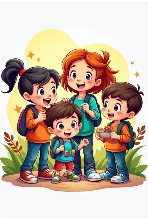 Design a cartoon logo with 2 girls and 2 boys for an informative tv program called "Curious in Action"