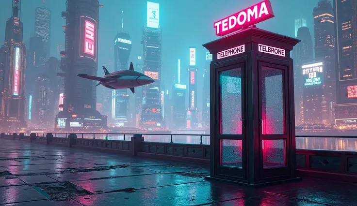 image generated of a phone booth with a futuristic city in the background, Promotional Art BBC, by Wayne England, futuristic telephone booth, positioned on the right side, Written on top of the booth TEDOMA, cyberpunk, 3840x2160, 3840 x 2160