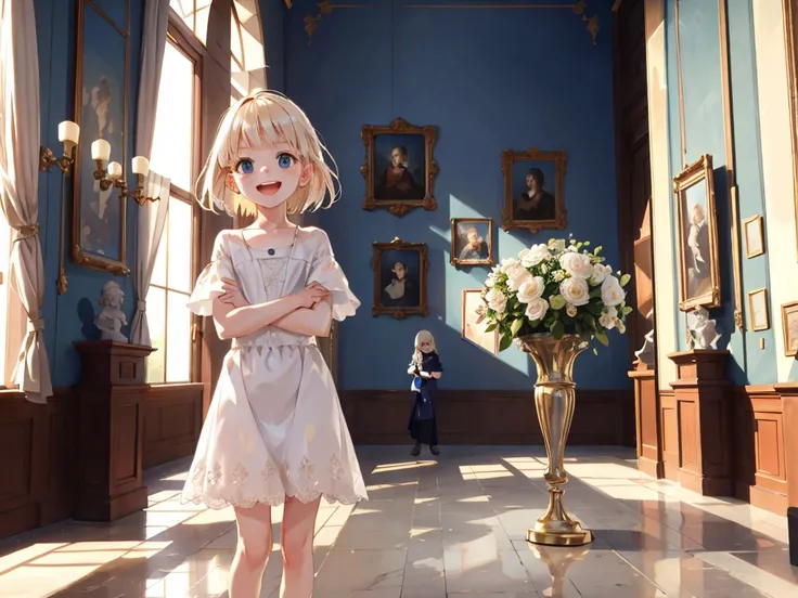 Highest quality, Ultra-detailed, Data Fashion, One Girl（8-year-old）,Beautiful girl，Laughter， Arms crossed, Platinum Blonde Hair, At the Louvre Museum，Flat Chest，Perfect limbs，The morning sun shines