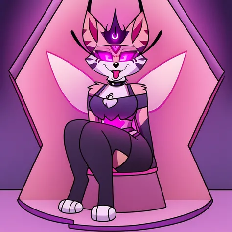 (Queen Bee hellhound) in (brainwashing chair), (hypnotized with glowing purple eyes, tongue out) (in black latex clothes), (@_@), (Brainwashing), (Mind Control), (Mind control Headset), collar, Mind Control, Hypnosis, Mind Control Visor, brainwashing machi...