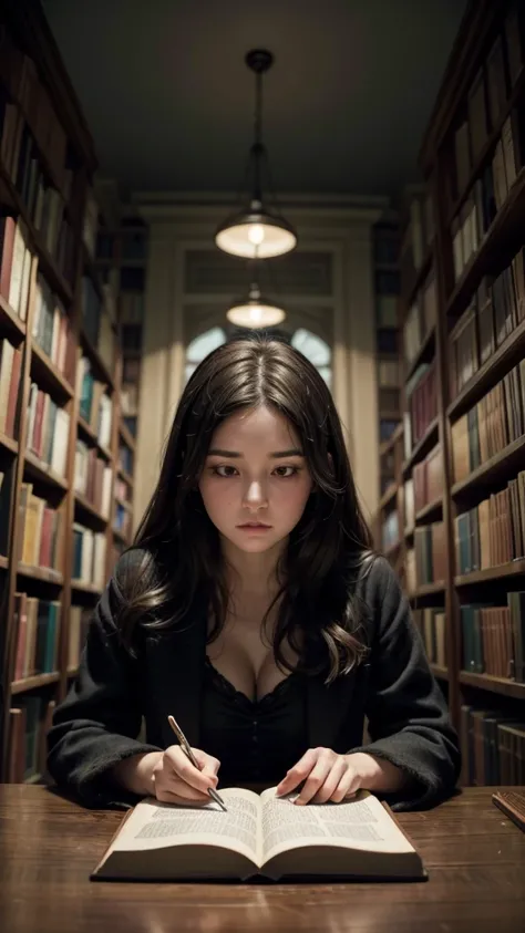 Make a woman in a dark magical library, she being exhausted from reading so many books