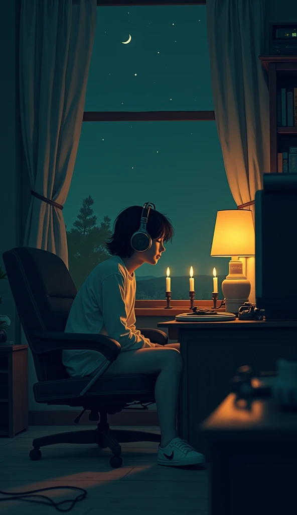 night、Listen to music in a cozy room, Using headphones, 2D-style animation, Lo-Fi, hard disk, Dark Environment