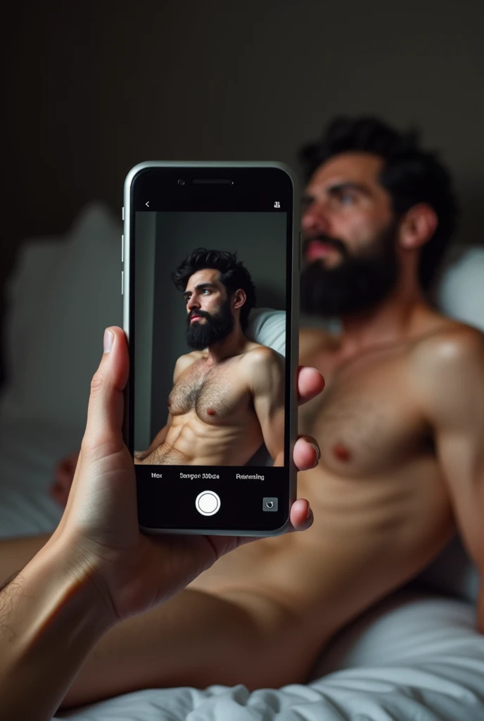 Naked private body body of a black-haired, black-bearded, shaved, muscular man lying on the bed, selfie takes photo of his private area from the phone screen while lying down