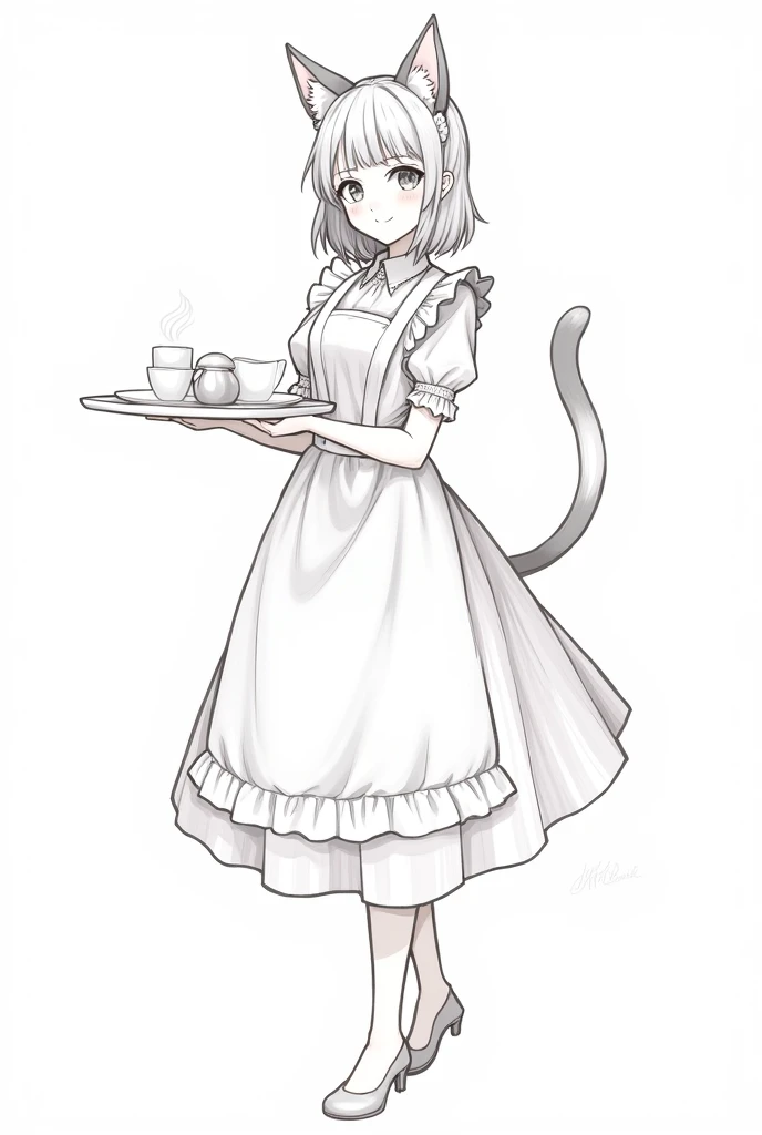 Jacques prevert illustration art, a beautiful girl, cat ears, cat tail, tray in hand, maid suit, line draw, white simple background --ar 2:3 --stylize 50