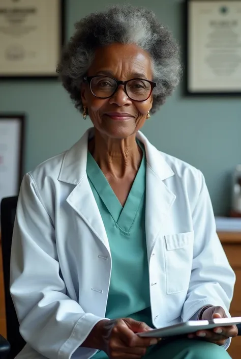 Create me a picture of an elderly black female doctor 