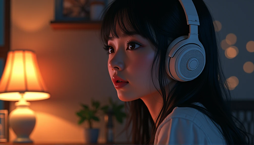 a girl in a cozy room listening to music at night, wearing headphones, 2D anime style, lo-fi, detailed background, cinematic lighting, soft colors, beautiful detailed eyes, beautiful detailed lips, extremely detailed face, elegant pose, warm atmosphere, gl...