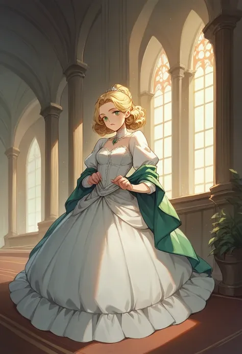 show me a 1 with blonde curly green eyes, with her hair in a half-updo and wearing an Edwardian-style dress, elegant, inside a mansion 