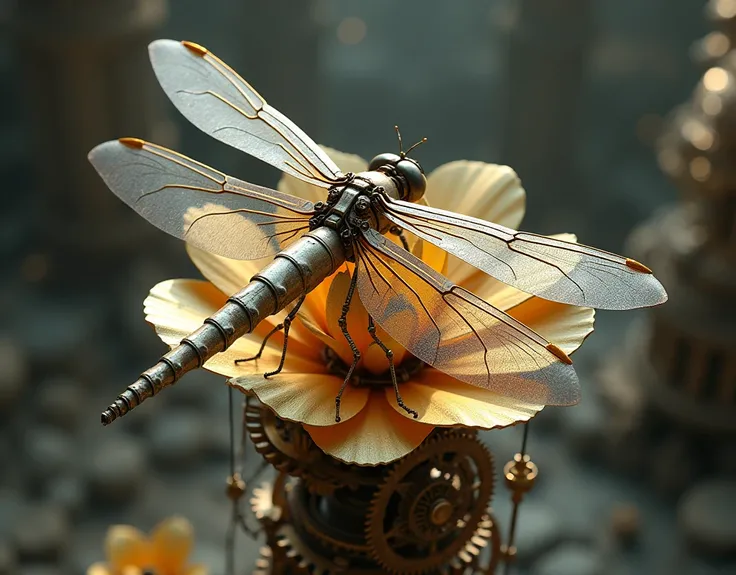 magic mechanical elegant dragonfly, ancient mechanism, fantasy art, ancient civilization, sitting on the mechanical flower, from above