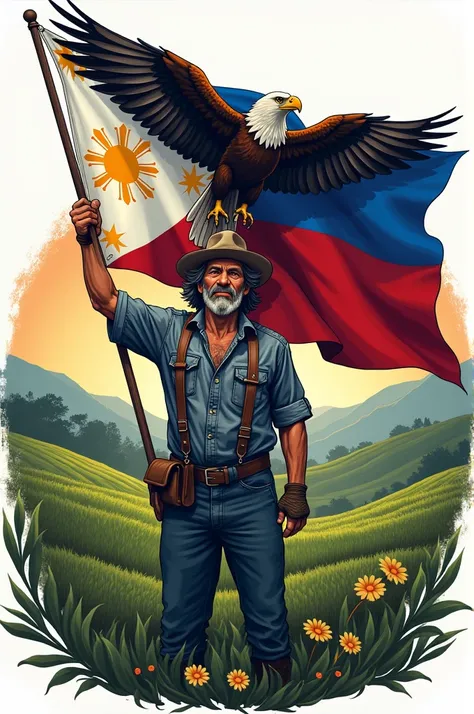 a farmer holding a flag of the phillipines with an eagle besides it logo design