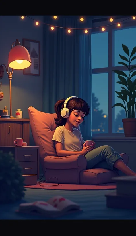 night、Listen to music in a cozy room, Using headphones, 2D-style animation, Lo-Fi, hdd, 16:9