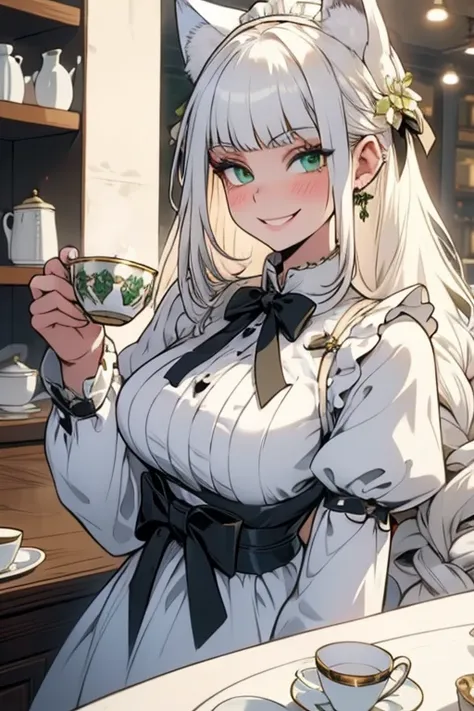 Perfect face. Perfect hands. A young white haired woman with green eyes with white wolf ears and a fluffy white wolf tail in a Lolita maid outfit is serving tea in a fancy made cafe with a big smile