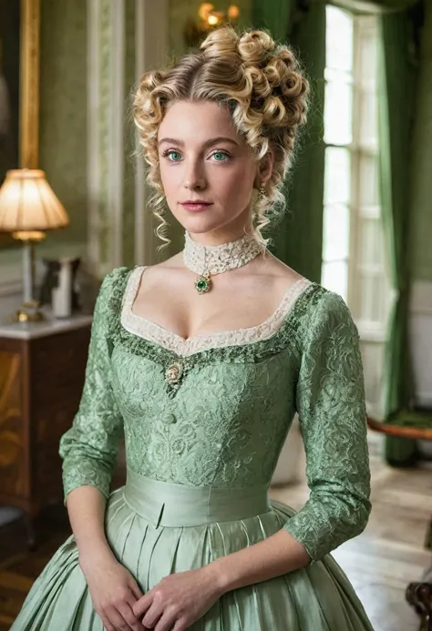 show me a 1 with blonde curly green eyes, with her hair in a half-updo and wearing an Edwardian-style dress, elegant, inside a mansion 