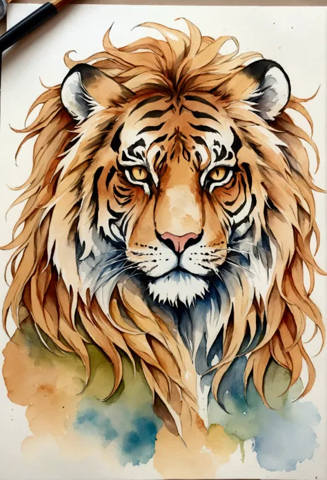 A painting of the zodiac sign Tiger, with lion eyes, Trend Aquarell, detailed, non-realistic rendering,  Streetstyle,  Astrology 