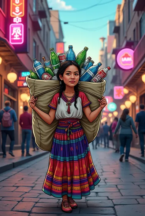 Aymara woman in a traditional skirt (bolivian) on a street full of nightclubs collecting recyclable materials carrying a huge bag full of them (Bottles, cans, papers) in cartoon style 