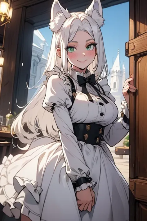 Perfect face. Perfect hands. A young white haired woman with green eyes with white wolf ears and a fluffy white wolf tail in a Lolita maid outfit is serving dinner in a fancy made cafe with a big smile