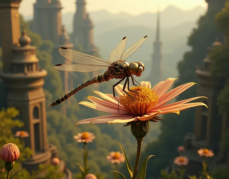 mechanical elegant dragonfly, ancient mechanism, fantasy art, ancient civilization, sitting on the mechanical flower, from above