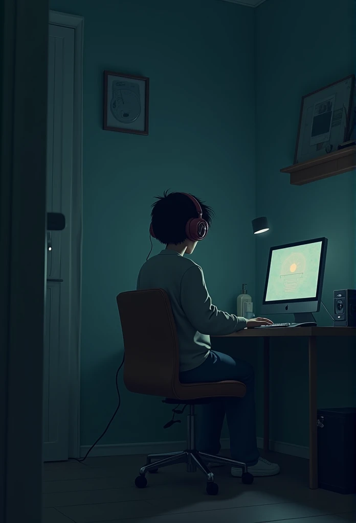 night、Listen to music in a cozy room, Using headphones, 2D-style animation, Lo-Fi, hard disk, Dark Environment